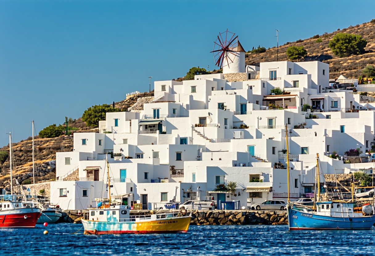 Bodrum kıyısında geleneksel balıkçı tekneleri ve tepe üzerindeki antik yel değirmenleri